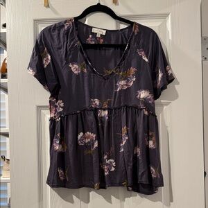 Lucky Brand Dark Purple Floral Peplum Short Sleeve Top